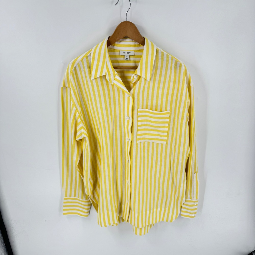 ON-34TH Yellow White Striped Button Down Size L Linen Blend Oversized Coastal